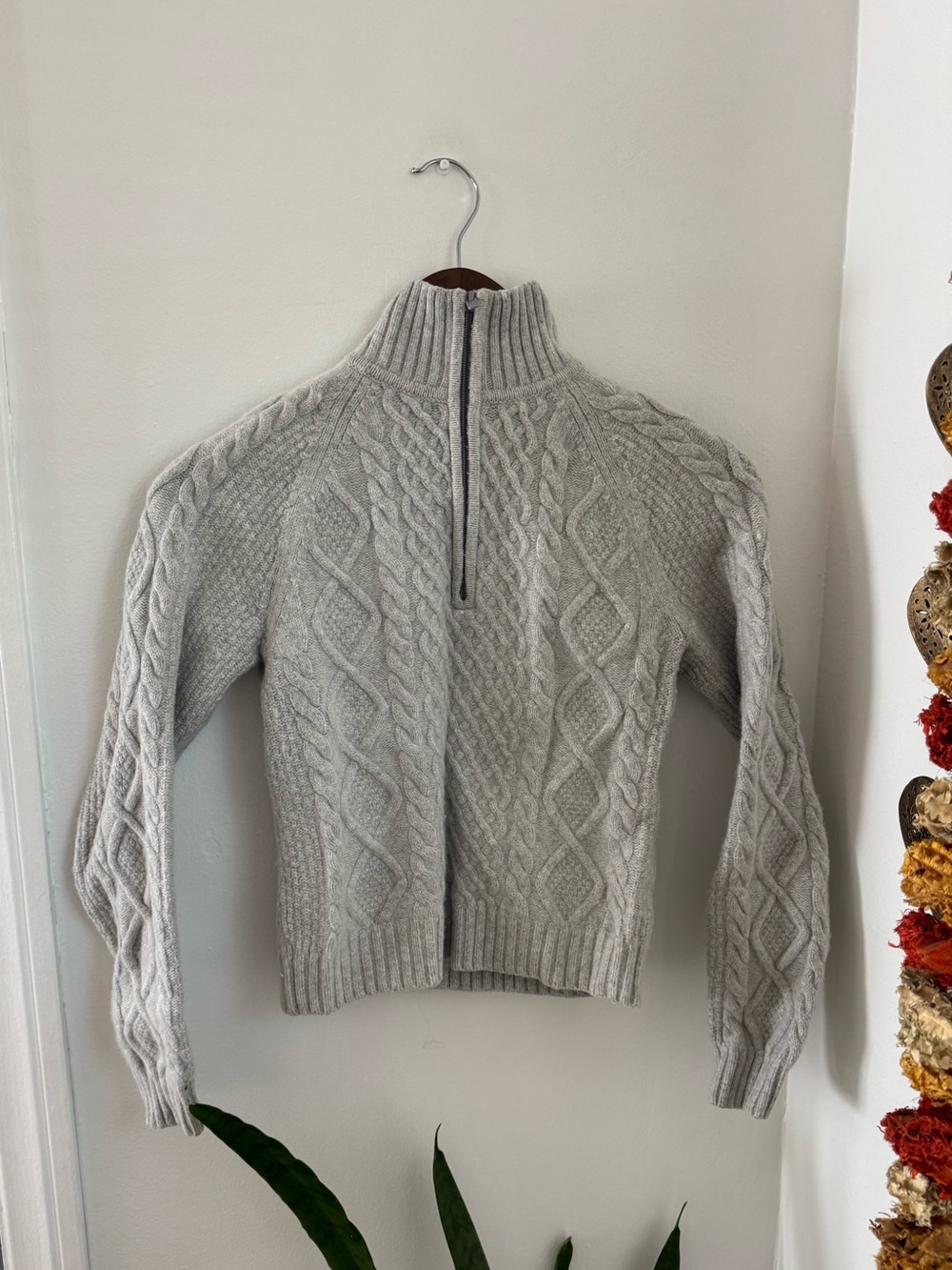 Sunday Best Light Gray Cable-Knit Half-Zip Turtleneck Sweater